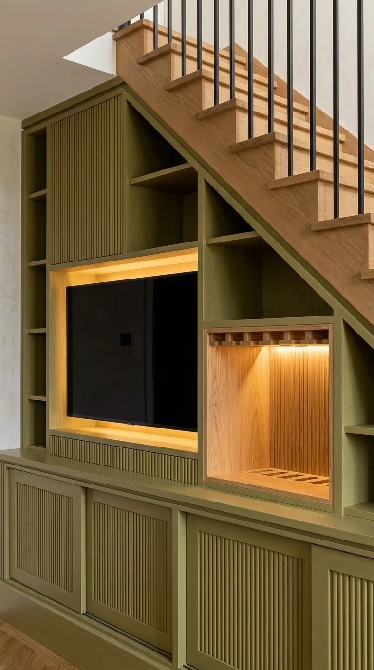 Olive green under-stairs media wall with an LED-framed TV recess and an integrated illuminated wine store, Hertfordshire