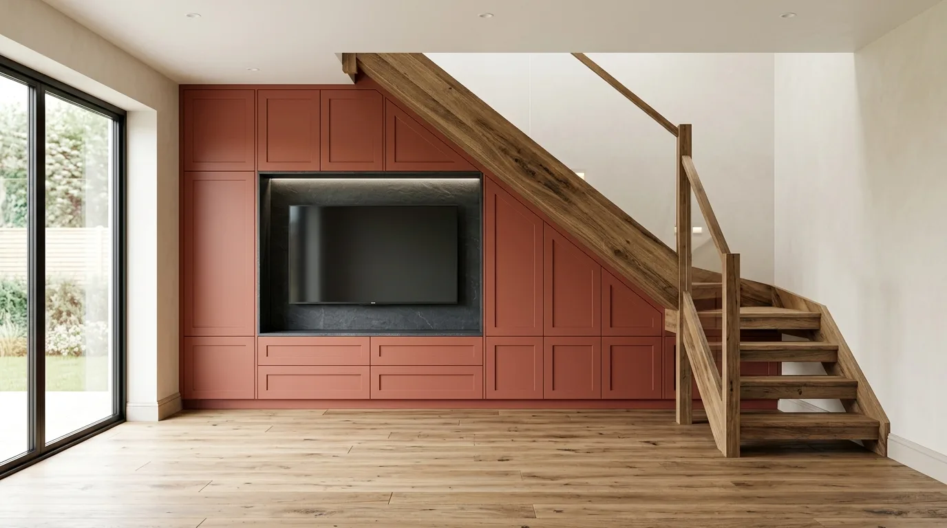 Bespoke media wall built under an open oak staircase, terracotta shaker cabinets and drawers framing a central TV in a dark stone recess