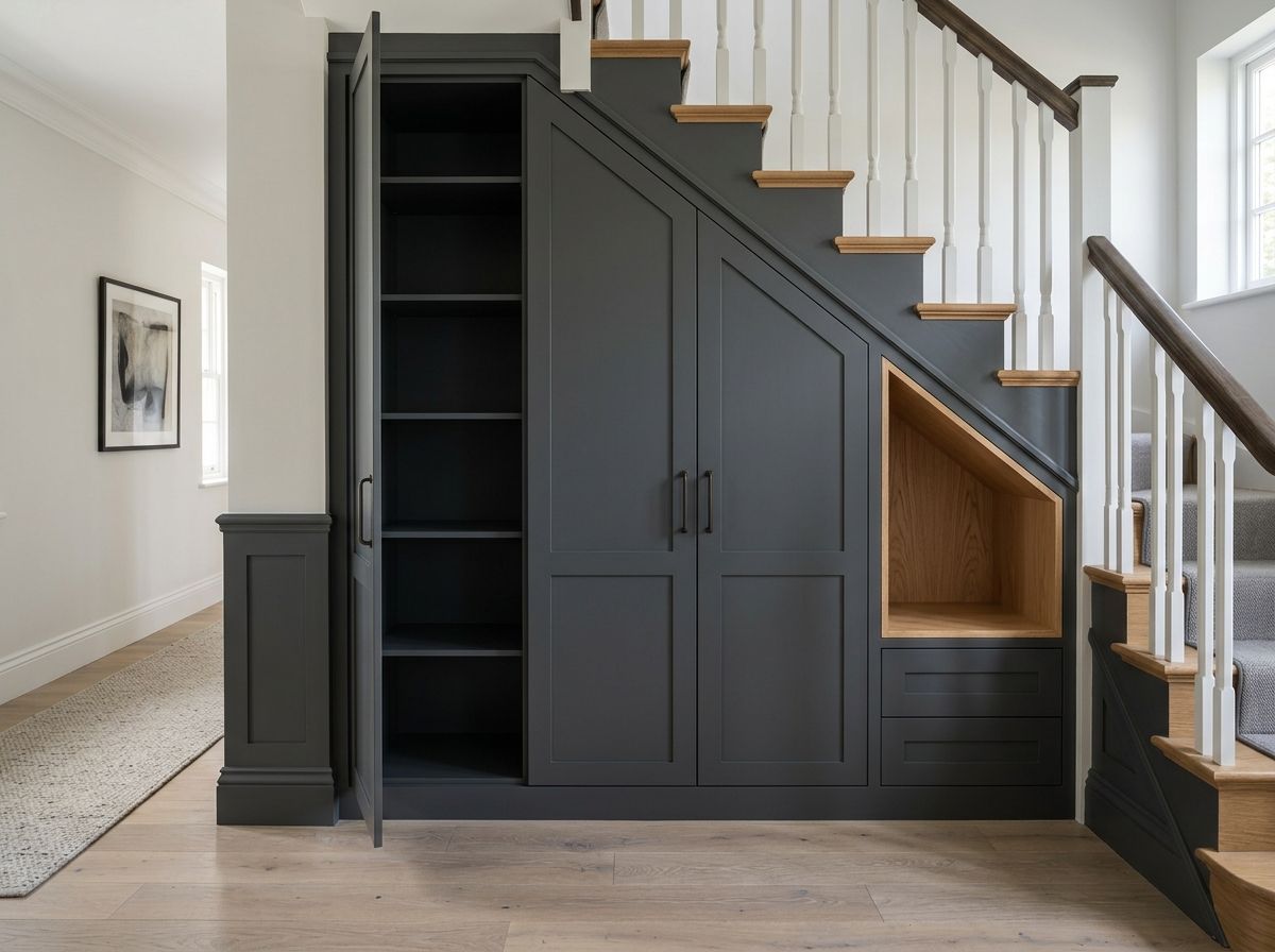 Bespoke fitted under stairs storage with dark charcoal Shaker doors, open shelving and oak interior recess