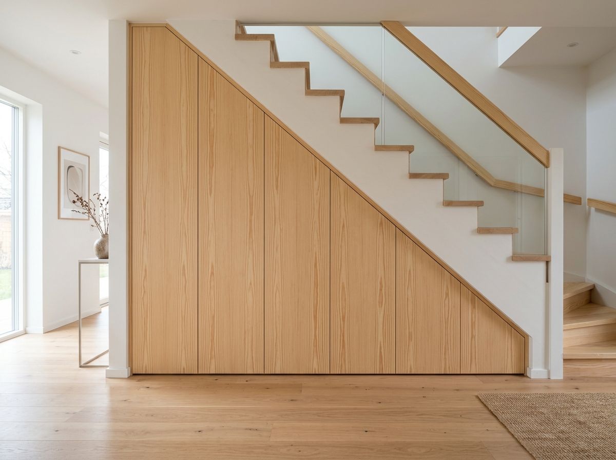 Minimalist flush light oak under stairs storage with full-height cupboard doors and glass balustrade staircase