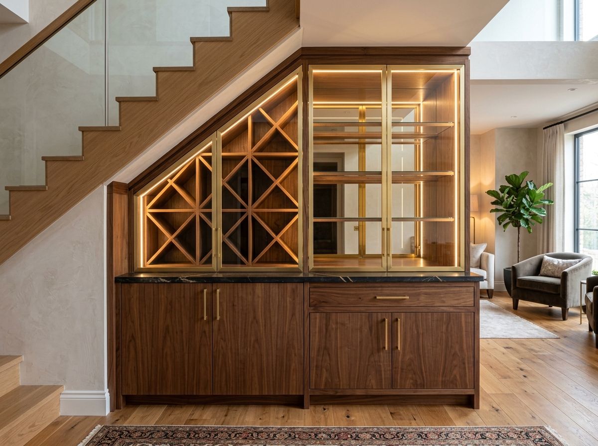 Bespoke under stairs bar with integrated wine rack, walnut joinery and LED-lit glass display cabinet