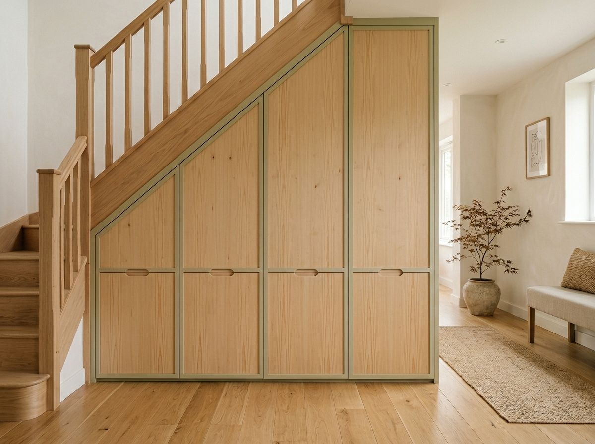 Japandi-style under stairs storage unit with light timber panel doors and sage green frame detailing