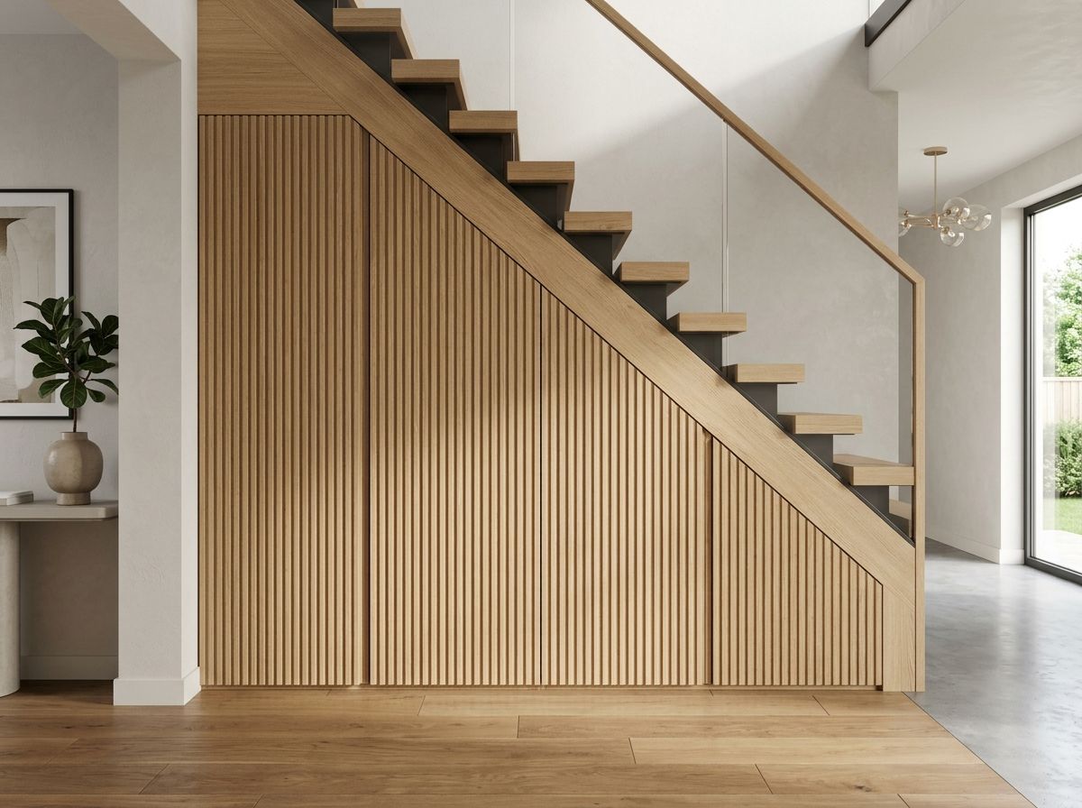 Light oak under stairs storage with flush cupboard doors and integrated drawer bank showing the fitted geometry