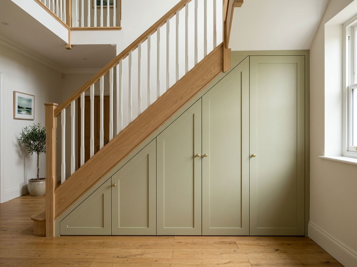 Sage green Shaker-style under stairs cupboard with brass knob handles and oak stair surround