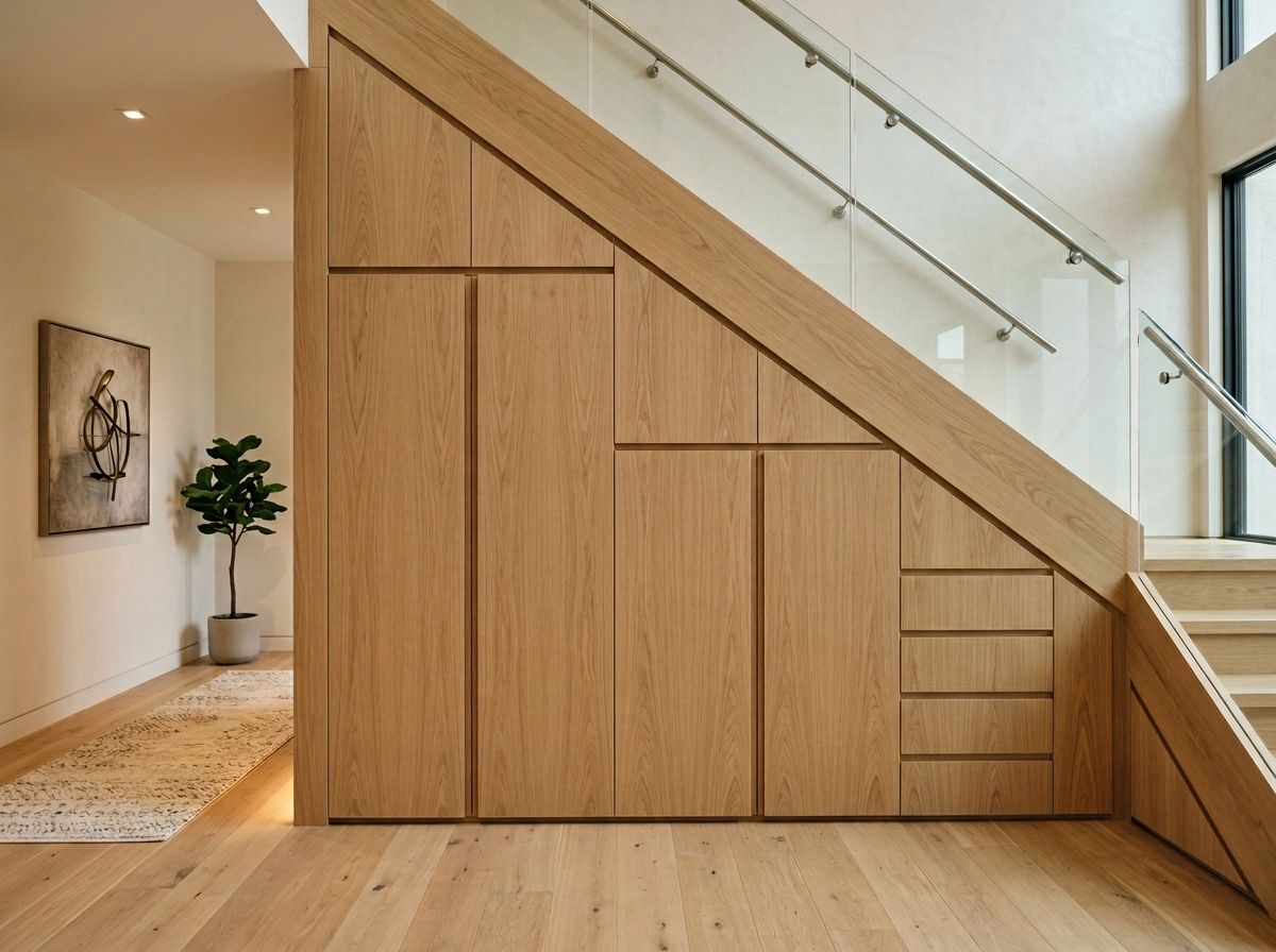 Contemporary under stairs storage with vertical slatted oak panels fitted beneath a floating staircase