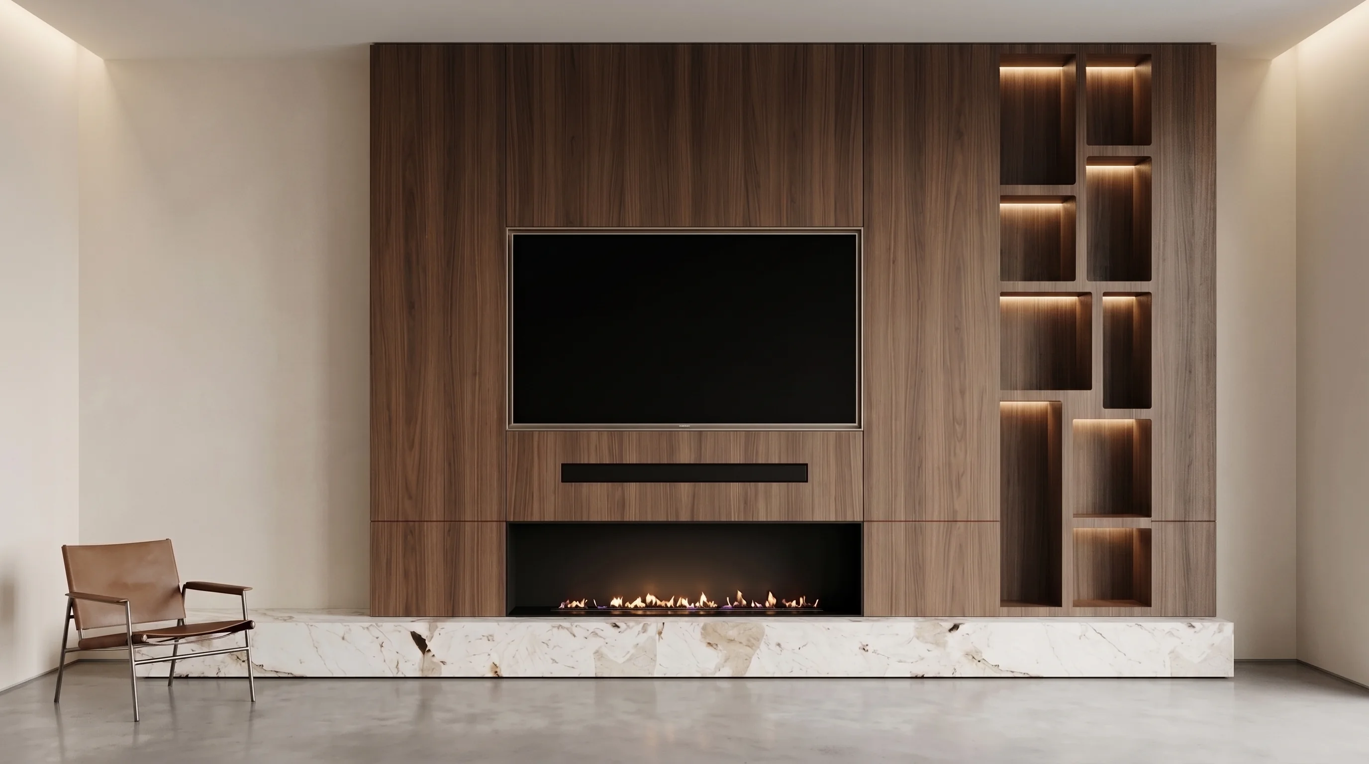 Walnut media wall with integrated linear fireplace, stone plinth and illuminated display niches