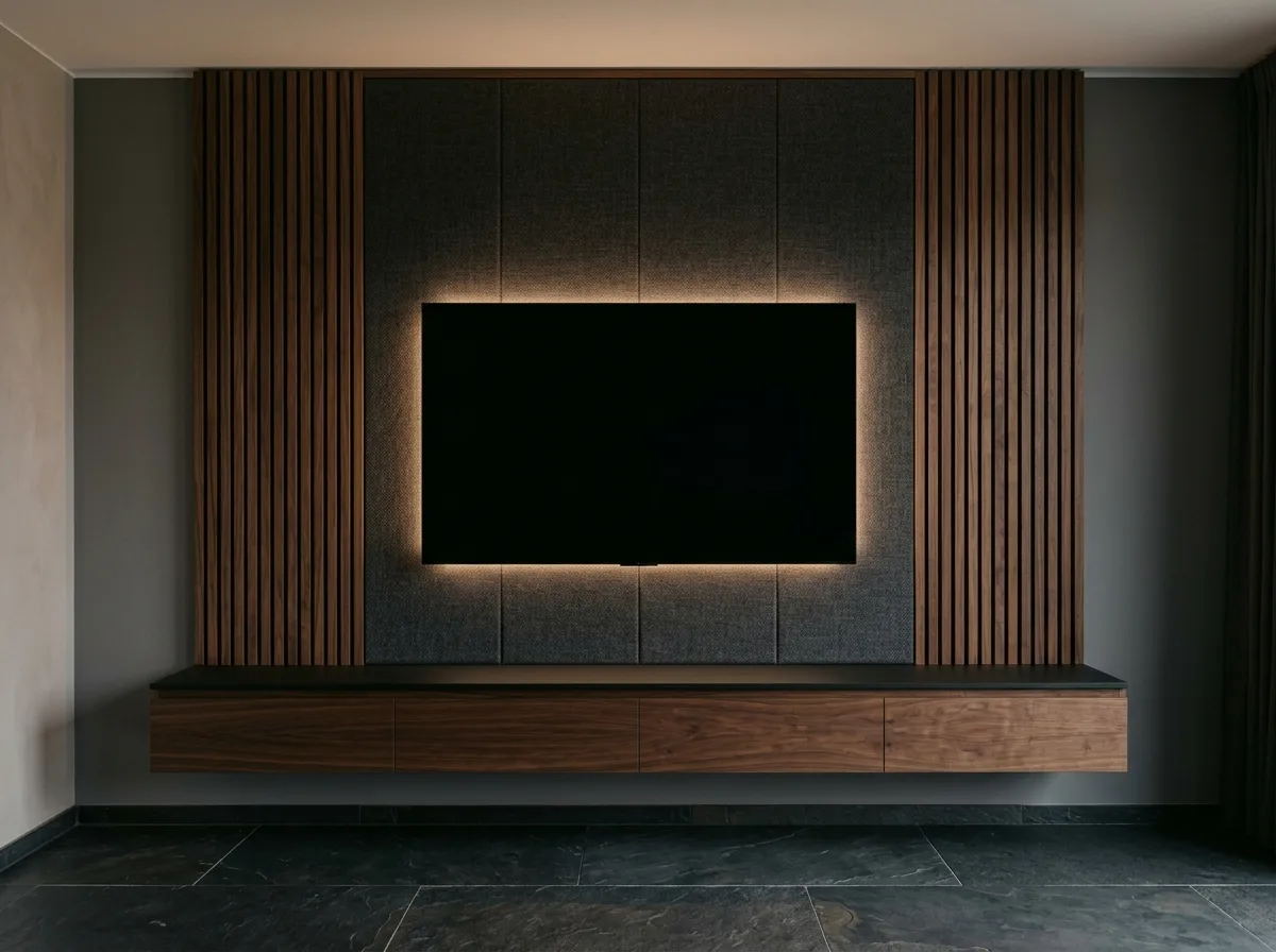 Walnut slatted media wall with grey acoustic fabric panels, backlit TV and floating walnut cabinet below
